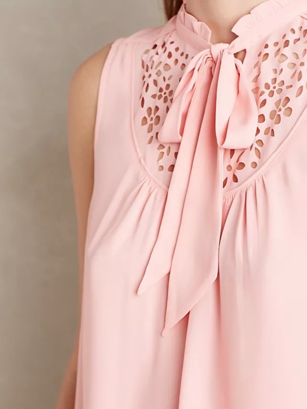 Like New {Maeve · Anthro} Coral Pink Laser Cut Luca Sash Bow Blouse Tie Top | 8